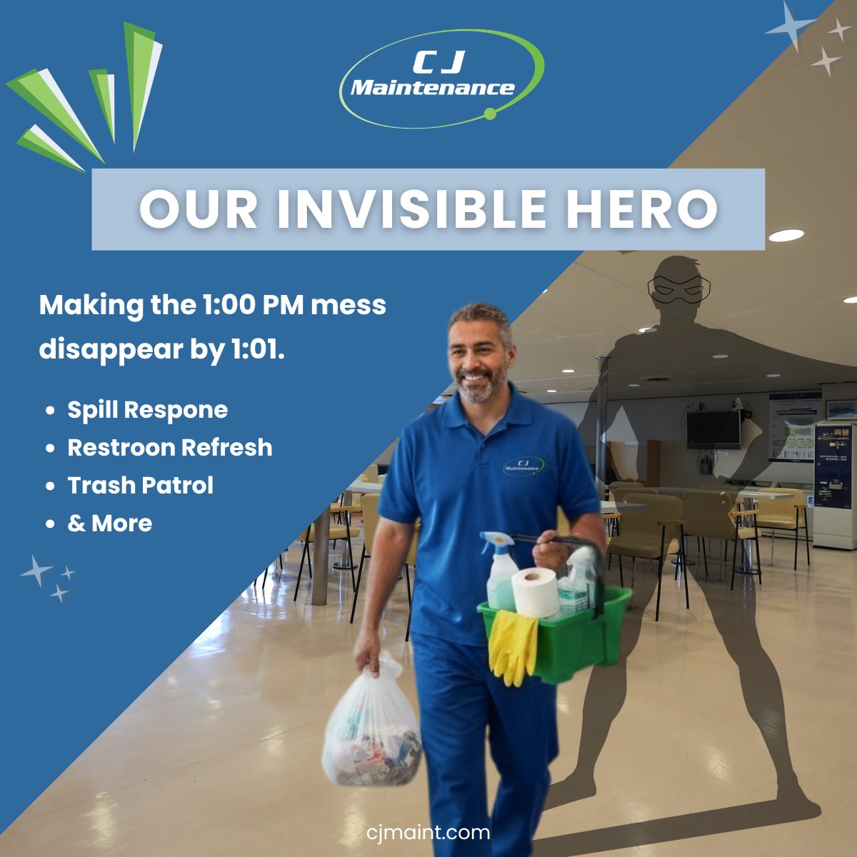 CJMaint's tweet photo. Does your building look lived-in by lunchtime? 🥪

High-traffic facilities need more than overnight cleaning. Our Day Porter Service handles spills, restrooms, lobbies &amp; trash — all day long.

Visit us: https://t.co/dgvVhyv4Ou
Email us: info@cjmaint.com https://t.co/3Pkm47W916
