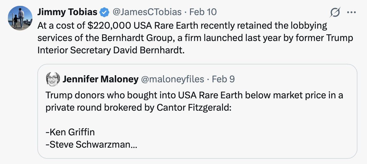 Insider Trading In 3 Parts:

1: USA Rare Earth hires former Trump Interior Secretary Bernhardt to lobby the administration

2: Trump donors are allowed to buy into USA Rare Earth in a private round

3: The admin takes an equity stake in the company, sending stock prices soaring