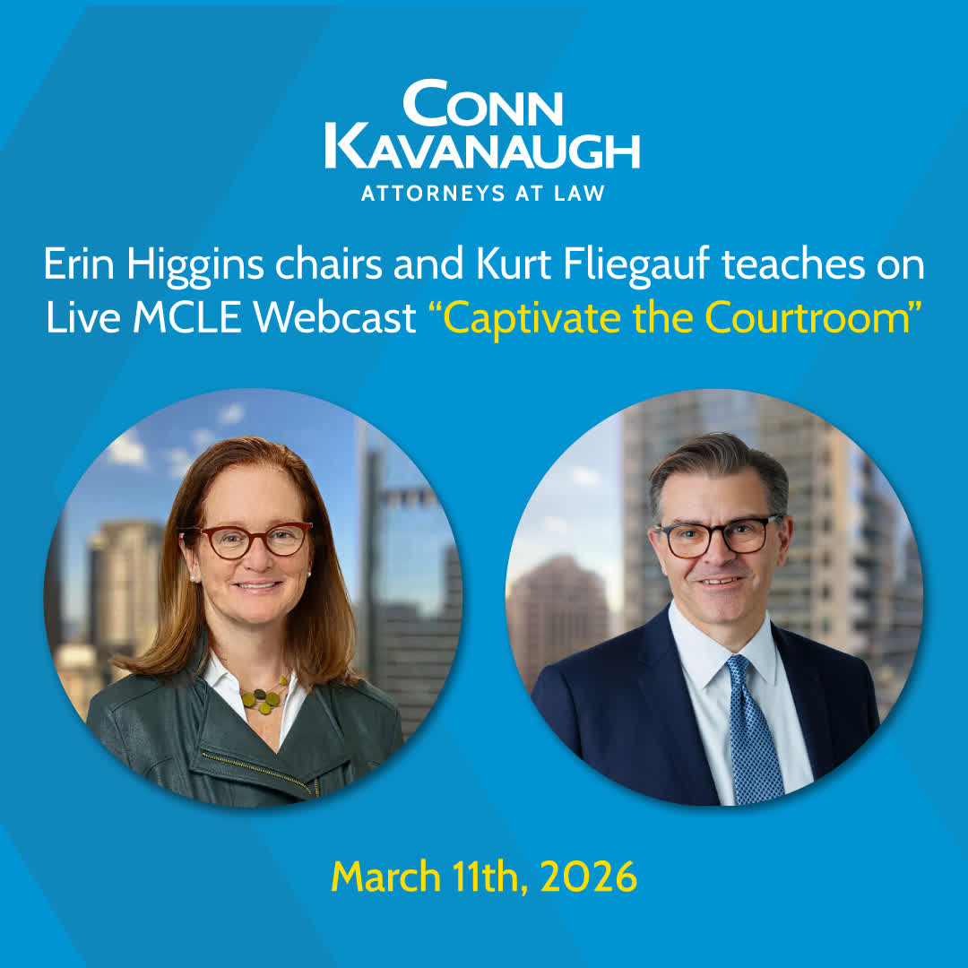 ConnKavanaugh's tweet image. Conn Kavanaugh managing partner Erin Higgins and litigation partner Kurt Fliegauf will speak at MCLE's upcoming live webcast, Captivate the Courtroom: Holding the Jury's Attention, on ... connkavanaugh.com/events/erin-hi… 

#MCLE #TrialAdvocacy #Litigation #ConnKavanaugh #CourtroomStrategy