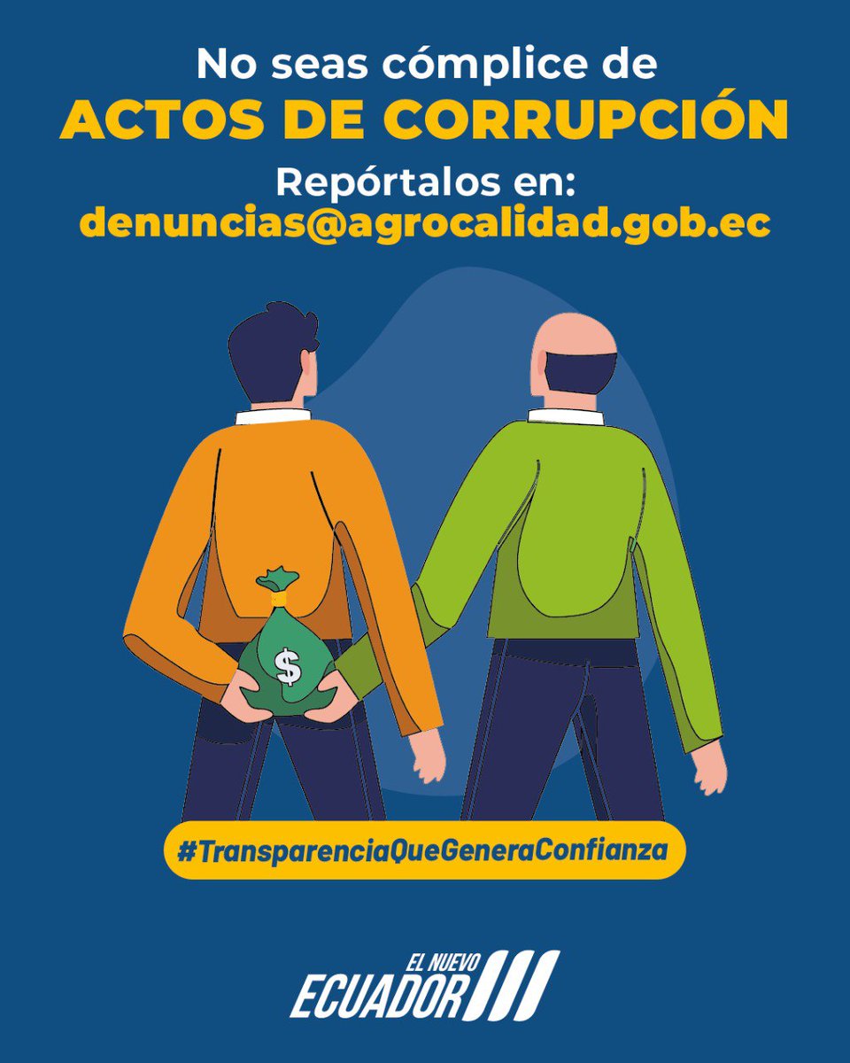 AgrocalidadEC's tweet photo. Si te han dicho que pueden acelerar tu trámite pero a cambio debes entregar dinero. ¡No les creas! 

Actúa a tiempo y reporta al correo 📩 denuncias@agrocalidad.gob.ec.

En #Agrocalidad somos #TransparenciaQueGeneraConfianza https://t.co/hcH67LY3Oi
