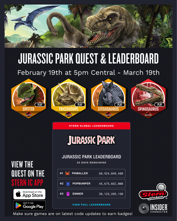 We’re not preoccupied over whether you should climb the leaderboard…

Because you SHOULD 🦖

Scan in and play on any Jurassic Park pinball machine with this Insider Connected quest.