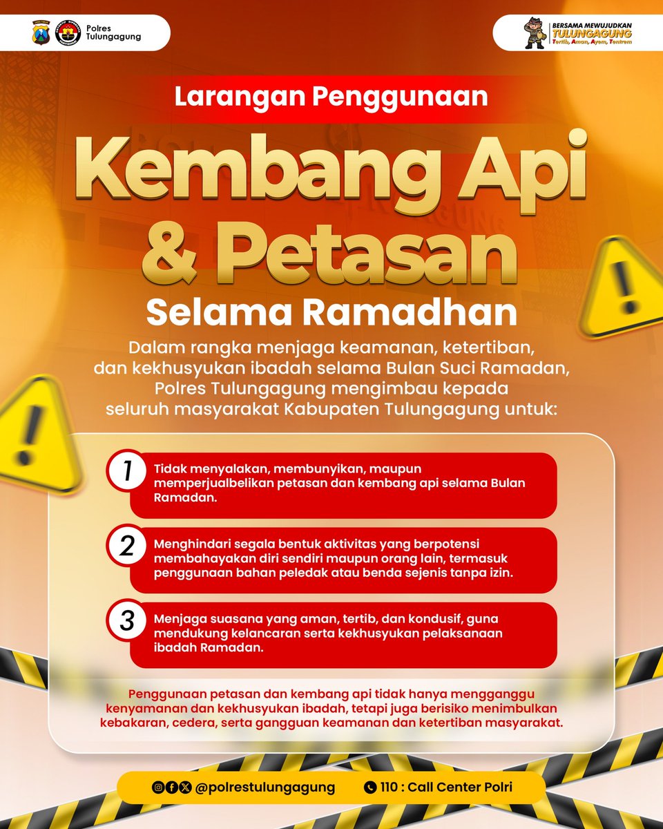 Polres Tulungagung ngejak kuabeh ae masyarakat Kabupaten Tulungagung ben ndak do nyumet kembang api utowo dor-doran aliase mercon seng nimbulne ledakan selama Wulan Suci Romadhon dingge njagani seng ora-ora.

foto ko hene @polrestulungagung
#KacamataTulungagung #Tulungagung