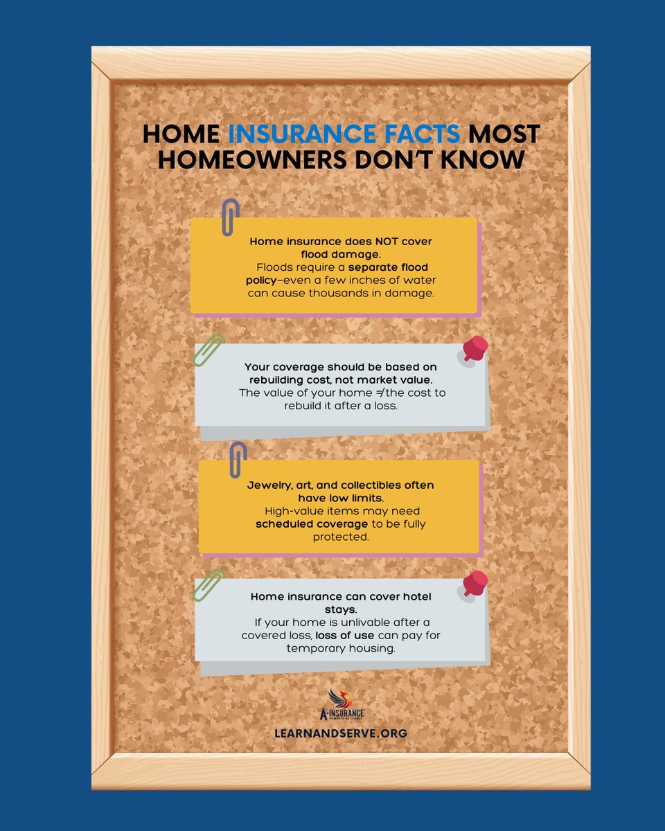 BestAutoRate's tweet image. Homeowners, did you know? 🏠👀
Floods aren’t covered, valuables may need extra protection, and hotel stays could be included after a loss.
📞📲 1-888-445-2793 | learnandserve.org
#HomeInsurance #ProtectYourHome #APlusInsurance