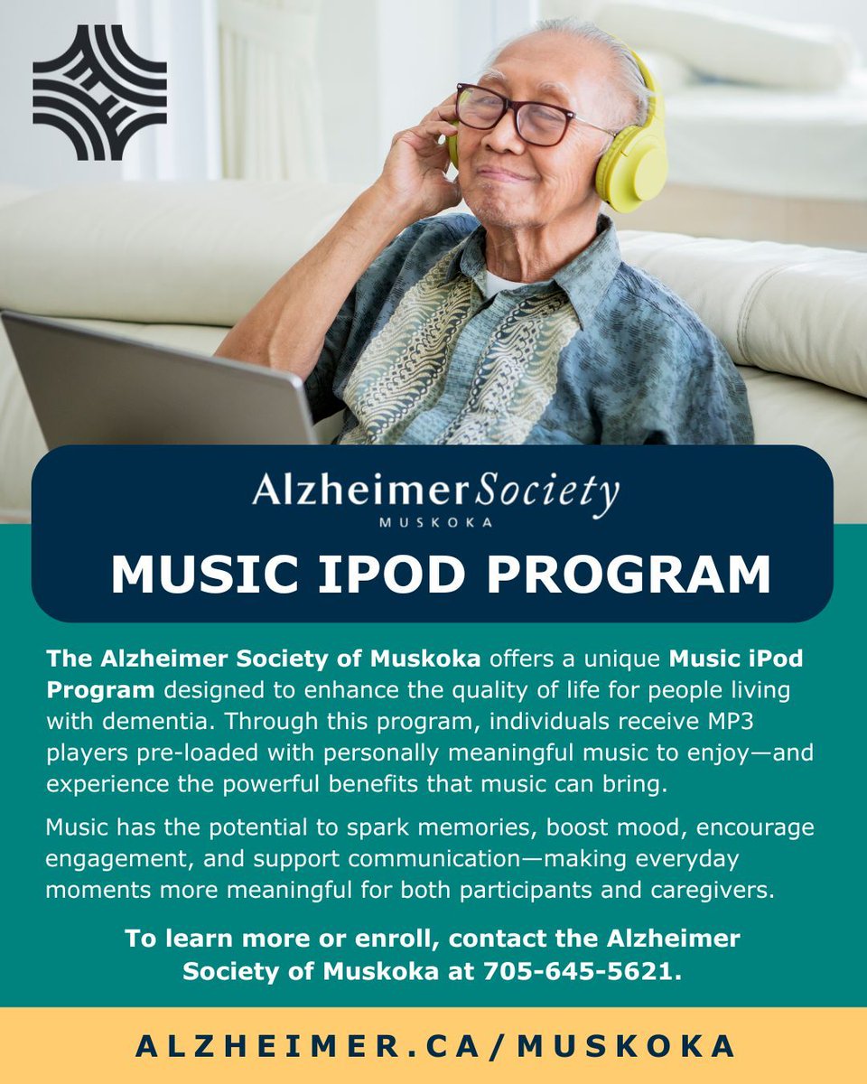 MuskokaAlmaguin's tweet image. 🎵 Music can comfort, connect &amp;amp; spark memories for people with dementia. The Alzheimer Society of Muskoka’s Music iPod Program provides personalized playlists to lift mood &amp;amp; encourage communication.

📞 Learn more: 705‑645‑5621 

#DementiaSupport #MAOHT #OHT #OntarioHealthTeam