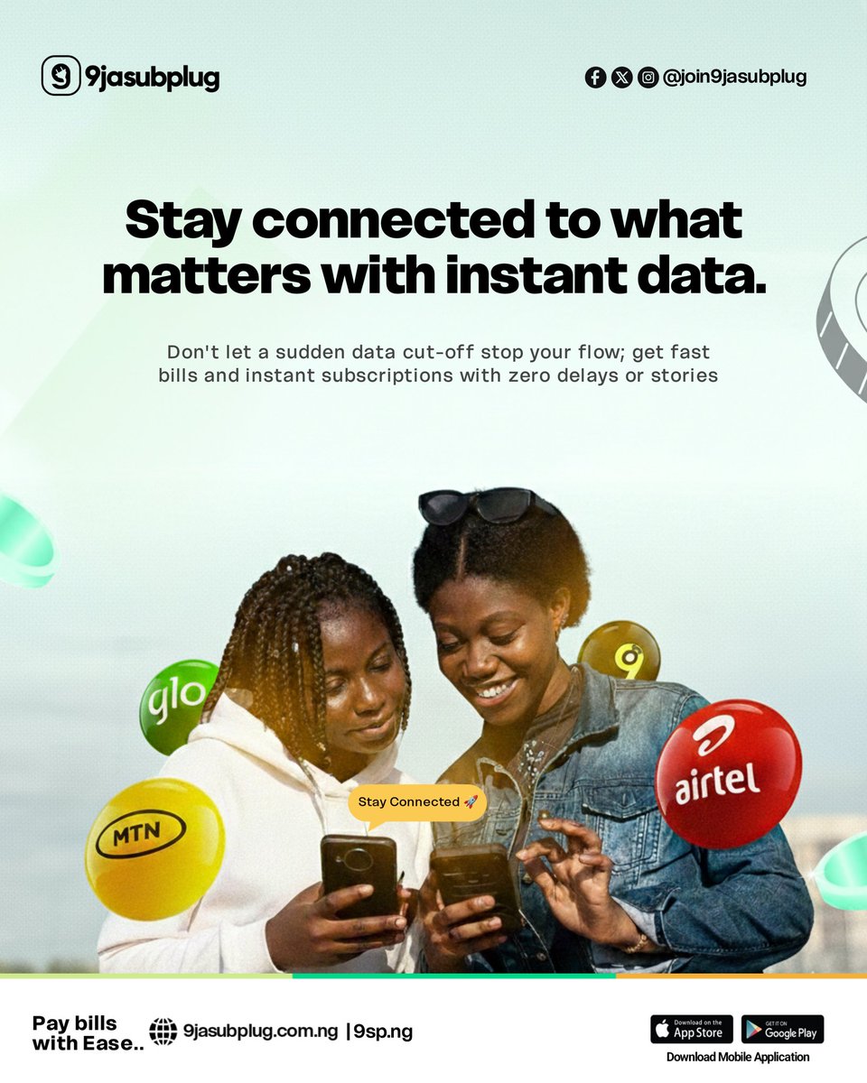 join9jasubplug's tweet photo. Don't let a sudden data cut-off stop your flow; get fast bills and instant subscriptions with zero delays or stories
Download now on the App Store and Google Play! 📲 https://t.co/1nsrybwYxL
#9jasubplug #DataIsLife #PayWithEase https://t.co/N3sXdLeZzm