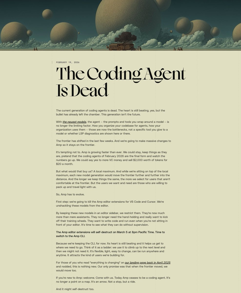 We believe the coding agent is dead.

Soon, Amp will look very different.

ampcode.com/news/the-codin…