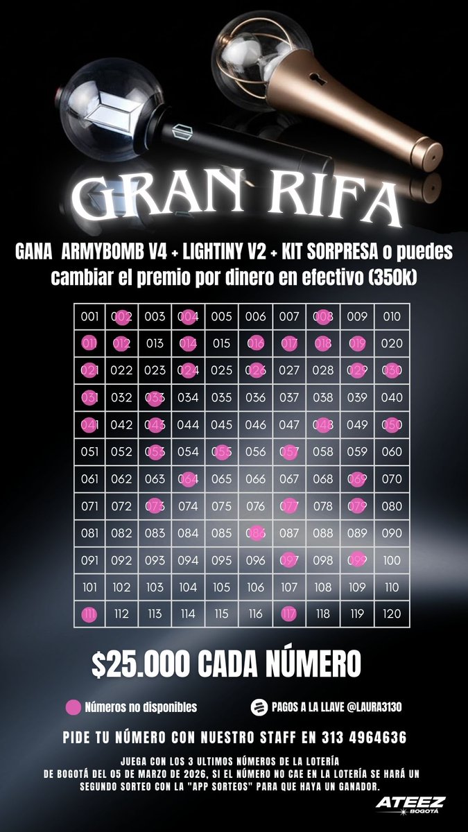 𝙎𝙊𝙍𝙏𝙀 𝘼𝙍𝙈𝙔𝘽𝙊𝙈𝘽 𝙑𝟰 + 𝙇𝙄𝙂𝙃𝙏𝙄𝙉𝙔 𝙑𝟮

🎡 | ATEEZ BOGOTÁ RIFA PRO FONDOS. 

ArmyTiny✨

En celebración de la llegada de BTS al país, traemos una rifa muy especial para ti; sortearemos un Lightiny + un ArmyBomb + un kit fanmade ArmyTiny 🧡💜.

Valor número