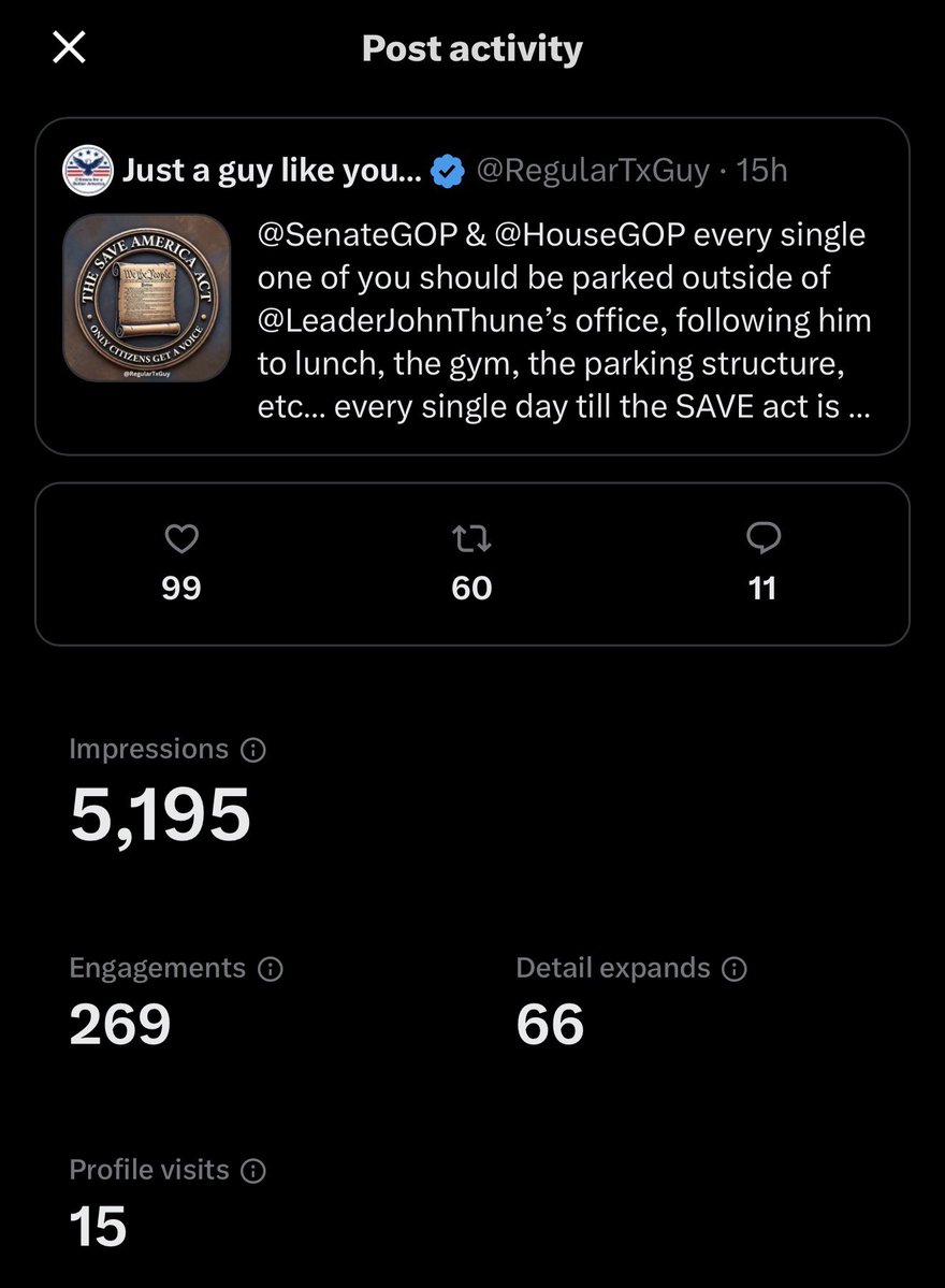 RegularTxGuy's tweet image. 🇺🇸🇺🇸🇺🇸🇺🇸🇺🇸🇺🇸🇺🇸🇺🇸🇺🇸🇺🇸🇺🇸🇺🇸🇺🇸🇺🇸🇺🇸🇺🇸
Good morning my Beautiful Patriots of X,  I woke up to some decent numbers on my pinned post asking @SenateGOP @HouseGOP to pressure @LeaderJohnThune to do his job and get the SAVE AMERICA ACT passed. But the fight isn’t over and I’m asking anyone