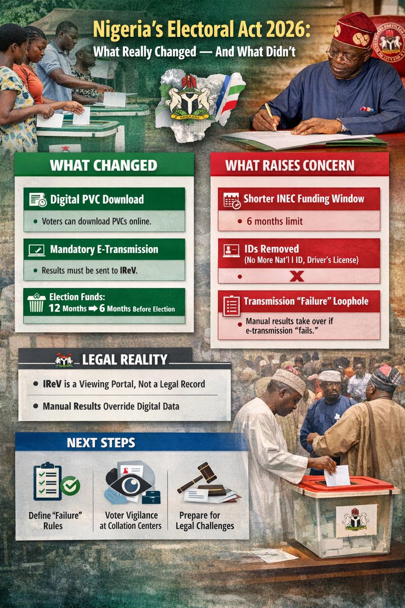 ELECTORAL ACT 2026: Allowing voters to download their Permanent Voter Card directly from INEC's website is a meaningful win.

What Really Changed - And What Didn't 

premiumtimesng.com/news/top-news/…