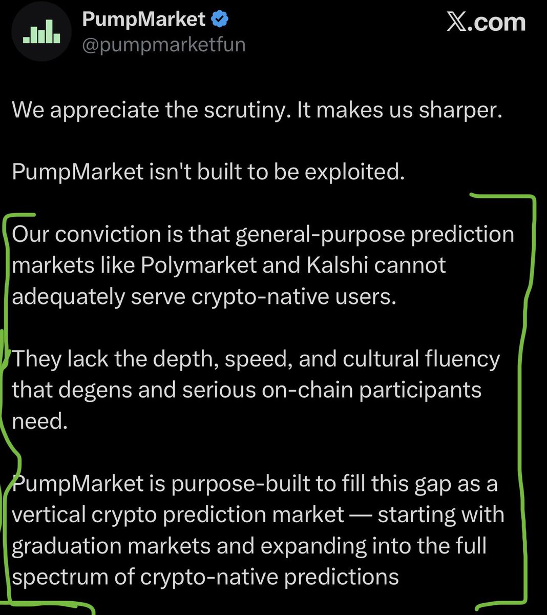 The biggest takeaway from this thread 👀

$PMT vision is way bigger than just betting on token graduations.

They say that  <a href="/Polymarket/">Polymarket</a> and <a href="/Kalshi/">Kalshi</a> are general-purpose prediction markets that can’t serve deep crypto-native outcomes — token bonding, market cap milestones, volume