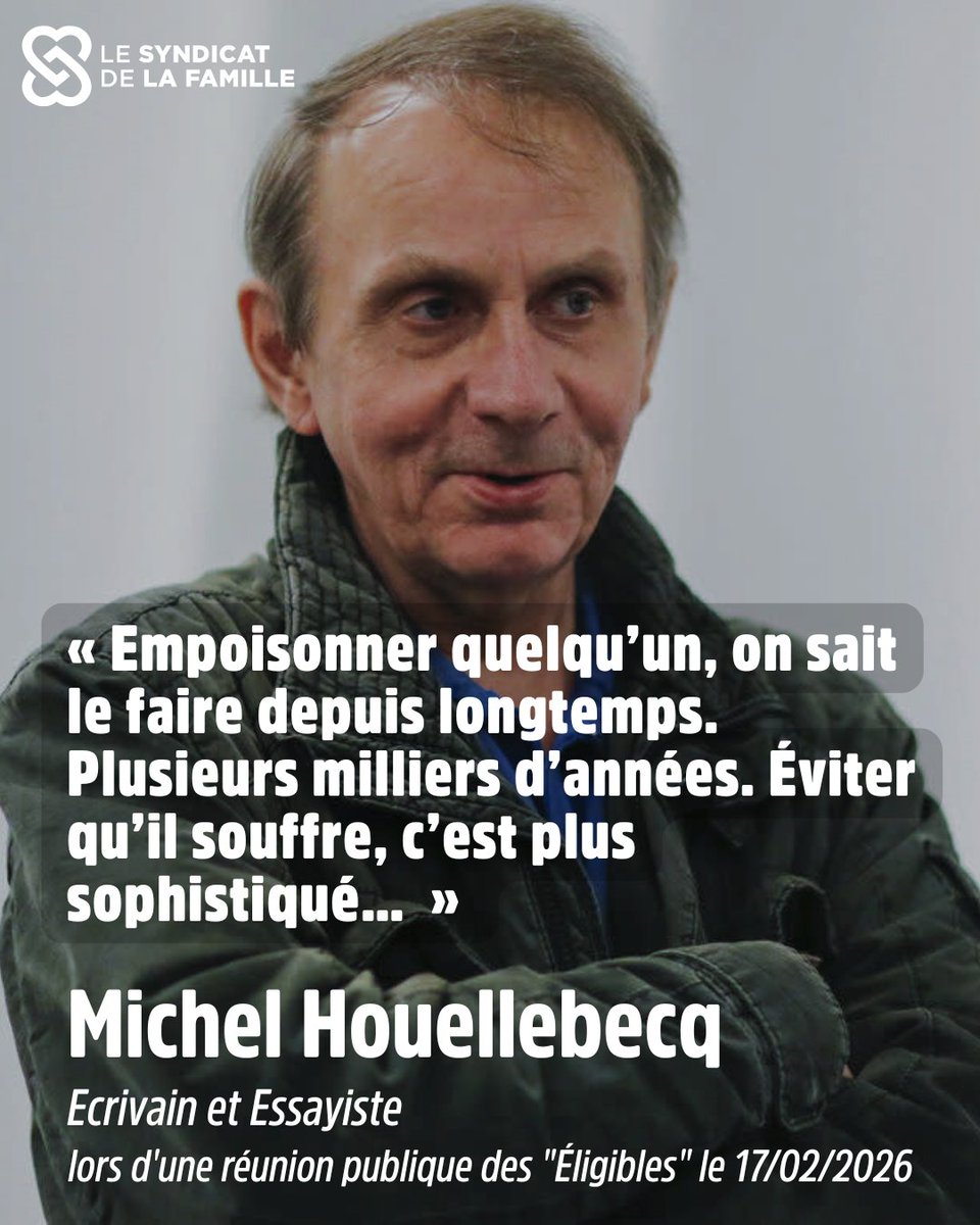 SyndicatFamille's tweet image. Lors d'une réunion organisée par le Collectif "Les Eligibles" qui porte la voix de nombreux aidants et personnes “éligibles” à l’"Aide à Mourir", Michel Houellebecq dénonçait la fumisterie qui consiste à présenter l'euthanasie comme un "progrès".
lefigaro.fr/actualite-fran…
