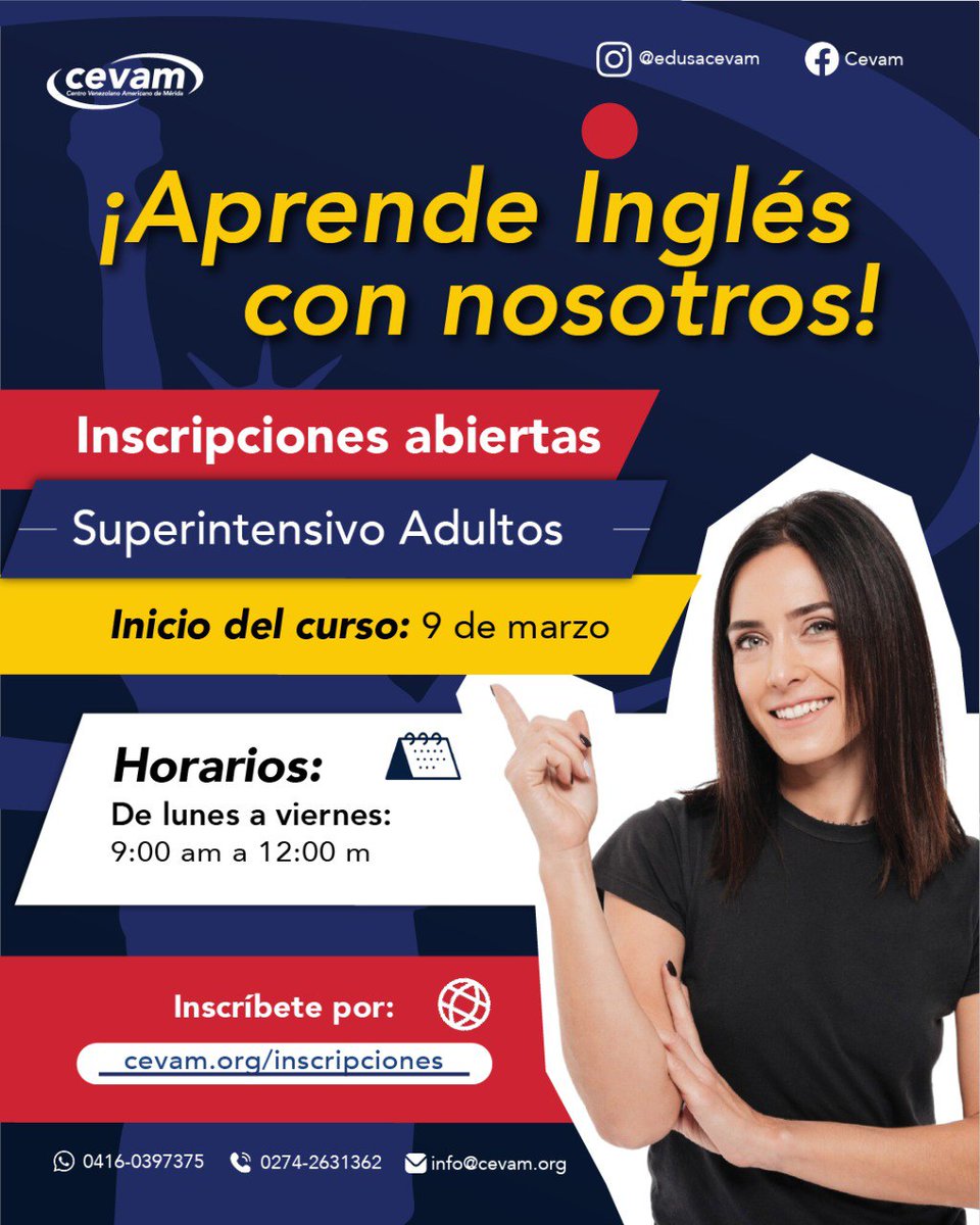¡EL MOMENTO DE HABLAR INGLÉS ES AHORA! 🚀

En el CEVAM sabemos que vas a mil, por eso nuestro Súper Intensivo está diseñado para quienes quieren resultados reales.

📅 Inicio: Lunes, 9 de marzo.
🕘 Horario: 9:00 am a 12:00 m.

⚠️ ¡IMPORTANTE! Los cupos vuelan. Asegura el tuyo