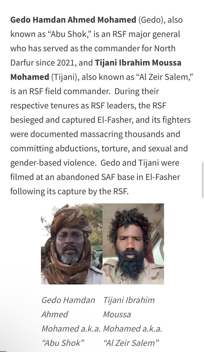 🚨🚨 عقوبات أميركية على ثلاثة من قادة قوات الدعم السريع "بسبب أفعالهم في مدينة الفاشر في #السودان "