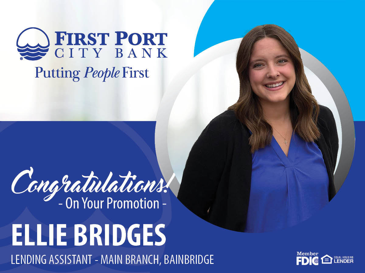 First Port City Bank is excited to share that Ellie Jones has accepted the Lending Assistant position at our Main Office! 
Ellie joined the FPCB family in June 2025 as a Teller I and has quickly made an impact. Help us in congratulating Ellie!

#PuttingPeopleFirst #BankLocal