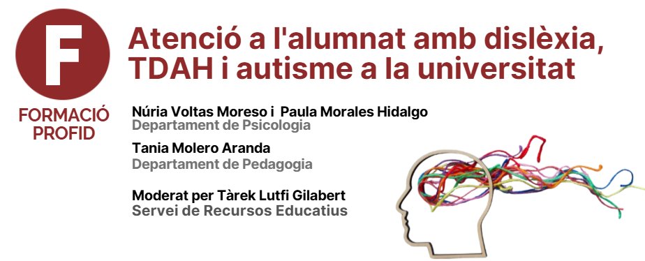 sredURV's tweet photo. 📌Webinari: Atenció a l’alumnat amb dislèxia, TDAH i autisme a la universitat
📅Data: 23 de febrer de 2026 (dilluns)
🕙Hora: 10:00 h
Impartit per: Núria Voltas Moreso, Paula Morales Hidalgo i Tania Molero Aranda i moderat per Tàrek Lutfi Gilabert
+info: https://t.co/lKkeWvRJQM https://t.co/HIzTTt8TMt