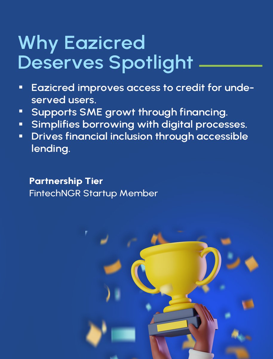fintechngr's tweet photo. We are thrilled to feature @CredEazi  Limited, one of our Startup Members, in FintechNGR’s Hall of Fame this month.
The FintechNGR Hall of Fame is our monthly spotlight celebrating member organizations making an impact across Nigeria’s fintech ecosystem.

#FintechNGR #HallOfFame https://t.co/IWO83cZHRL