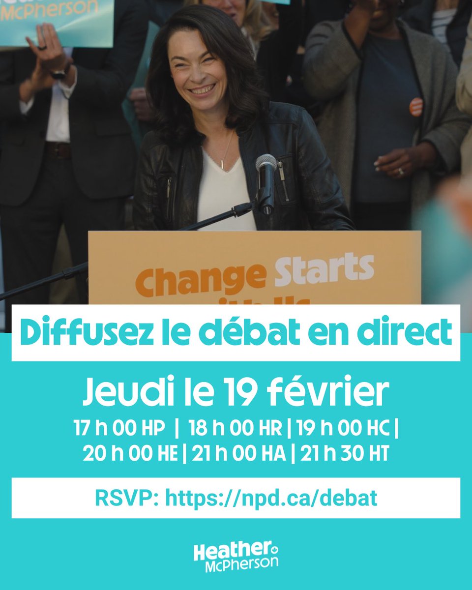 HMcPhersonNDP's tweet photo. Branchez-vous au débat à la direction du NPD.

Nous serons cinq à présenter notre vision pour l’avenir de notre parti. J’y exposerai mon plan pour rebâtir, renouer des liens partout au pays et recommencer à gagner pour les gens. 

Ici : https://t.co/xG8SvIKu07 https://t.co/GascSq7d0f