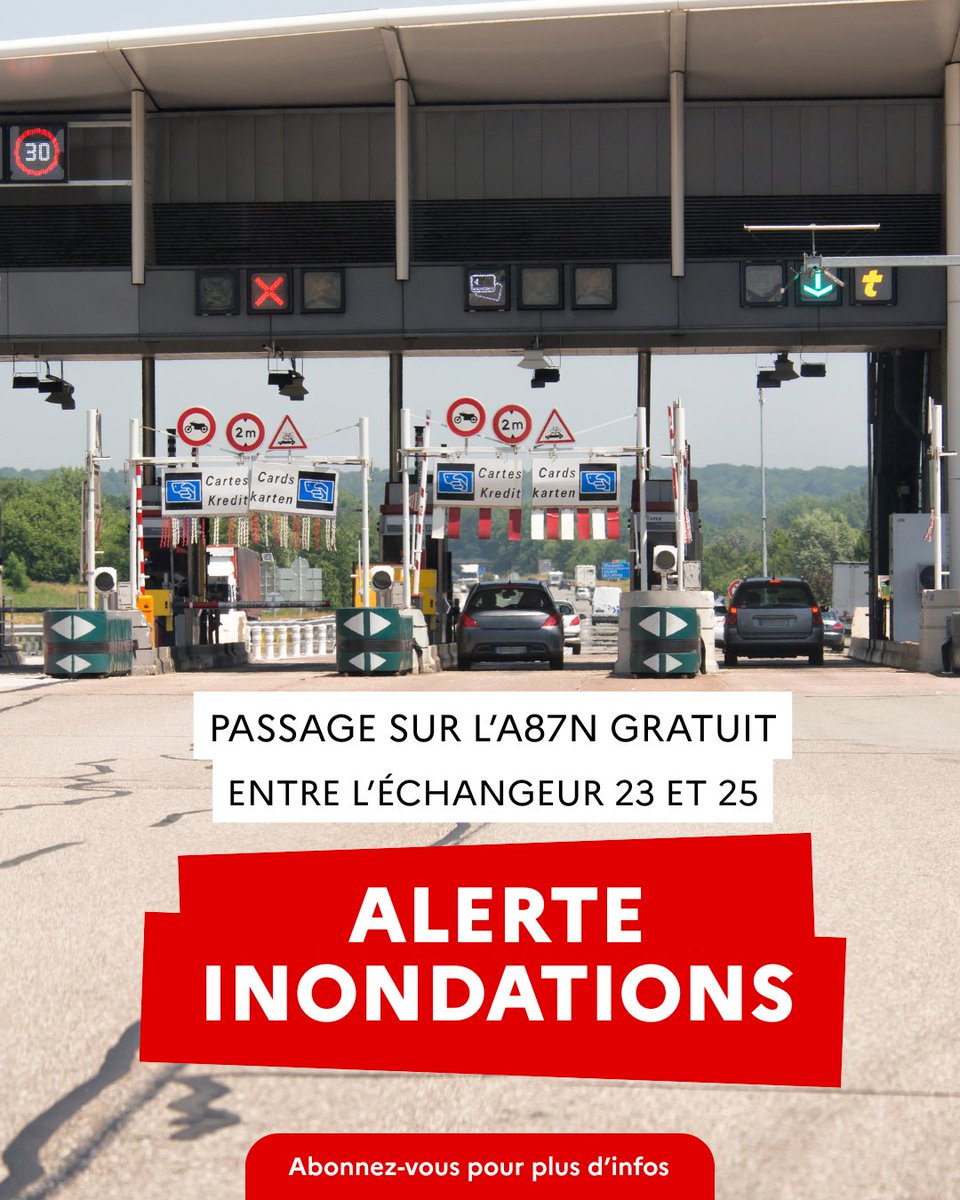 🌧️VIGILANCE CRUE - Passage sur l’A87N gratuit
​
<a href="/VINCIAutoroutes/">VINCI Autoroutes</a>  rend gratuit le passage sur l’A87 Nord, entre les échangeurs 25 et 23

▶️RDV aux péages des sorties Chemillé et Beaulieu et d’appuyer sur le bouton d’appel

Au-delà, l’A87 Nord est et restera gratuite
#autoroute