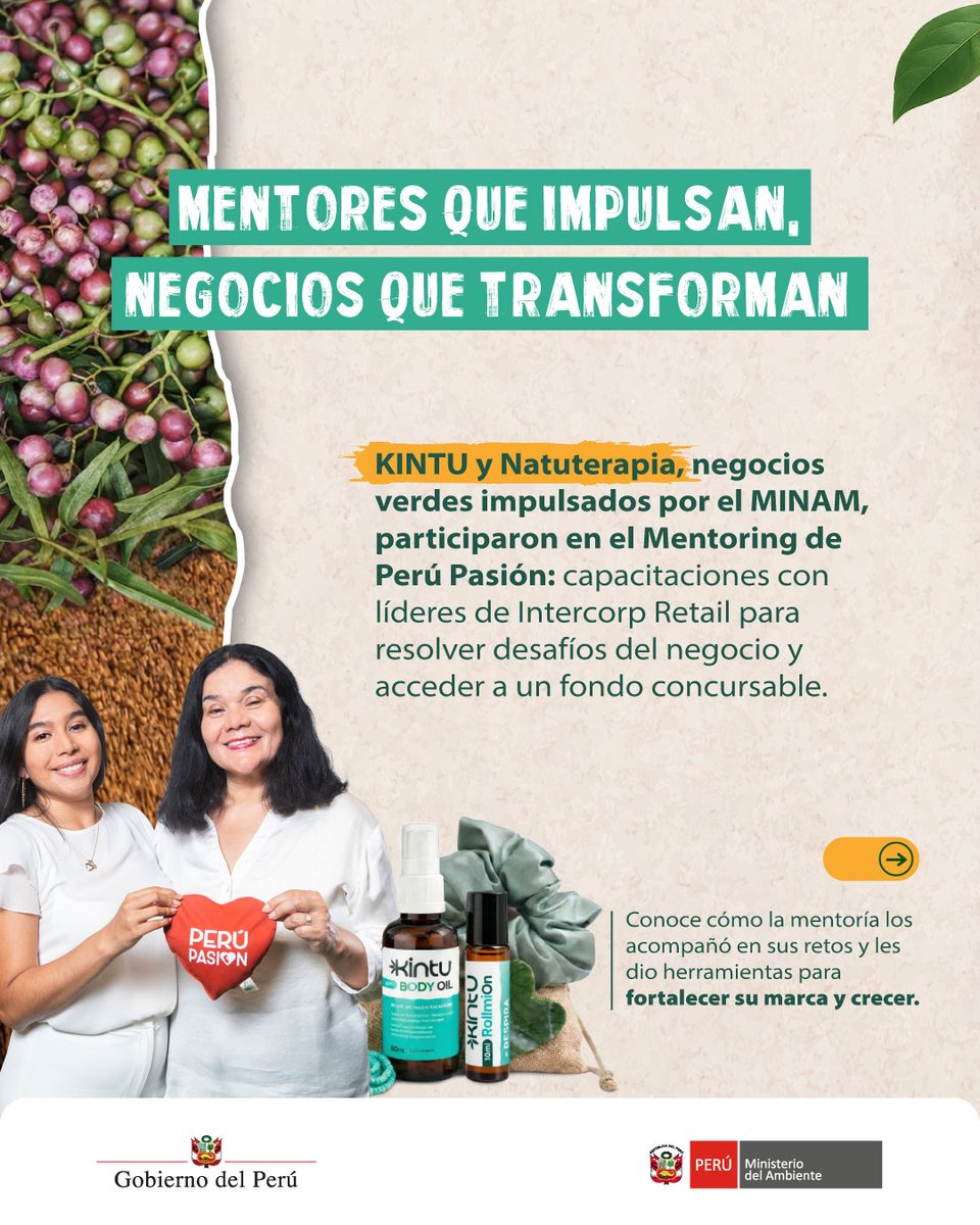 MinamPeru's tweet image. En un negocio, crecer no es solo vender más, es ordenar lo que sostiene el día a día. 🌎 🌱 

#EssentialOils,  #Kintu y #Natuterapia, negocios verdes impulsados por el #Minam, participaron en el Programa de Mentoring de Perú Pasión y trabajaron retos concretos: clarificar su