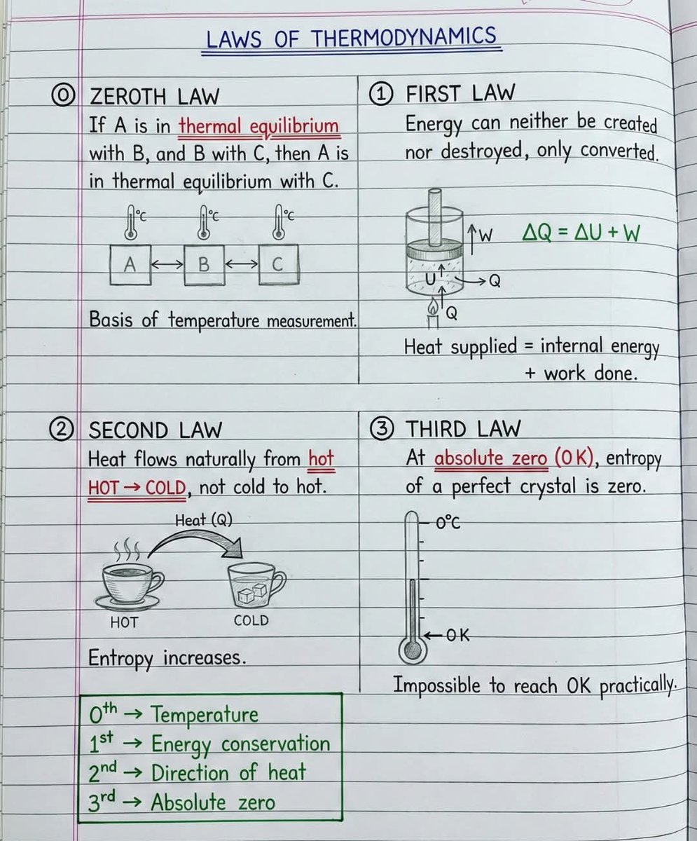 skglearning's tweet image. The Four Laws of Thermodynamics Explained

From the Zeroth Law to the Third Law, understand how energy, heat, and entropy work in real life. A must-know topic for physics students and competitive exams.

#Thermodynamics #PhysicsConcepts #ScienceNotes #EnergyConservation