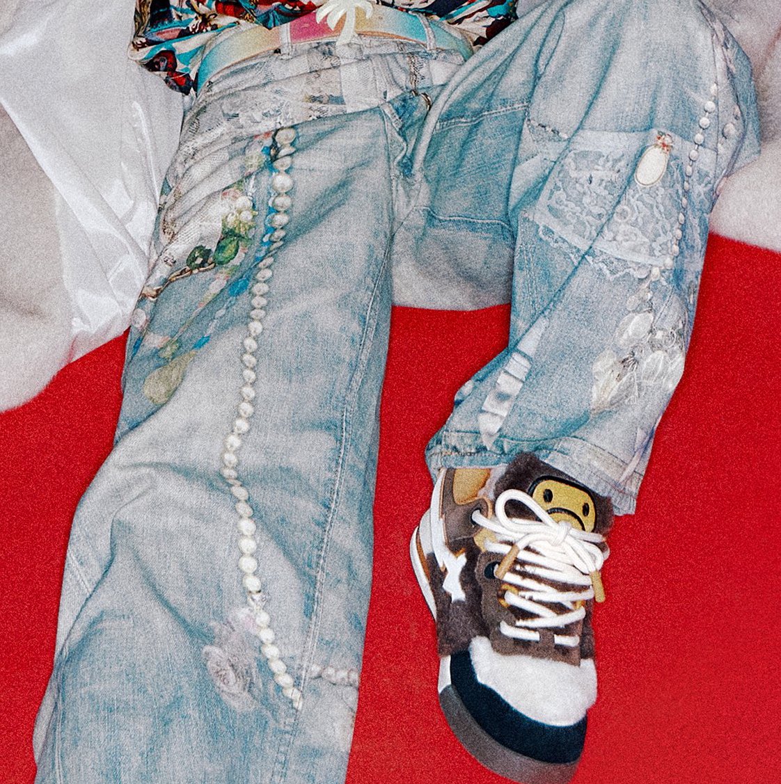 민이 레이스보석리본샤랄라프린팅바지네