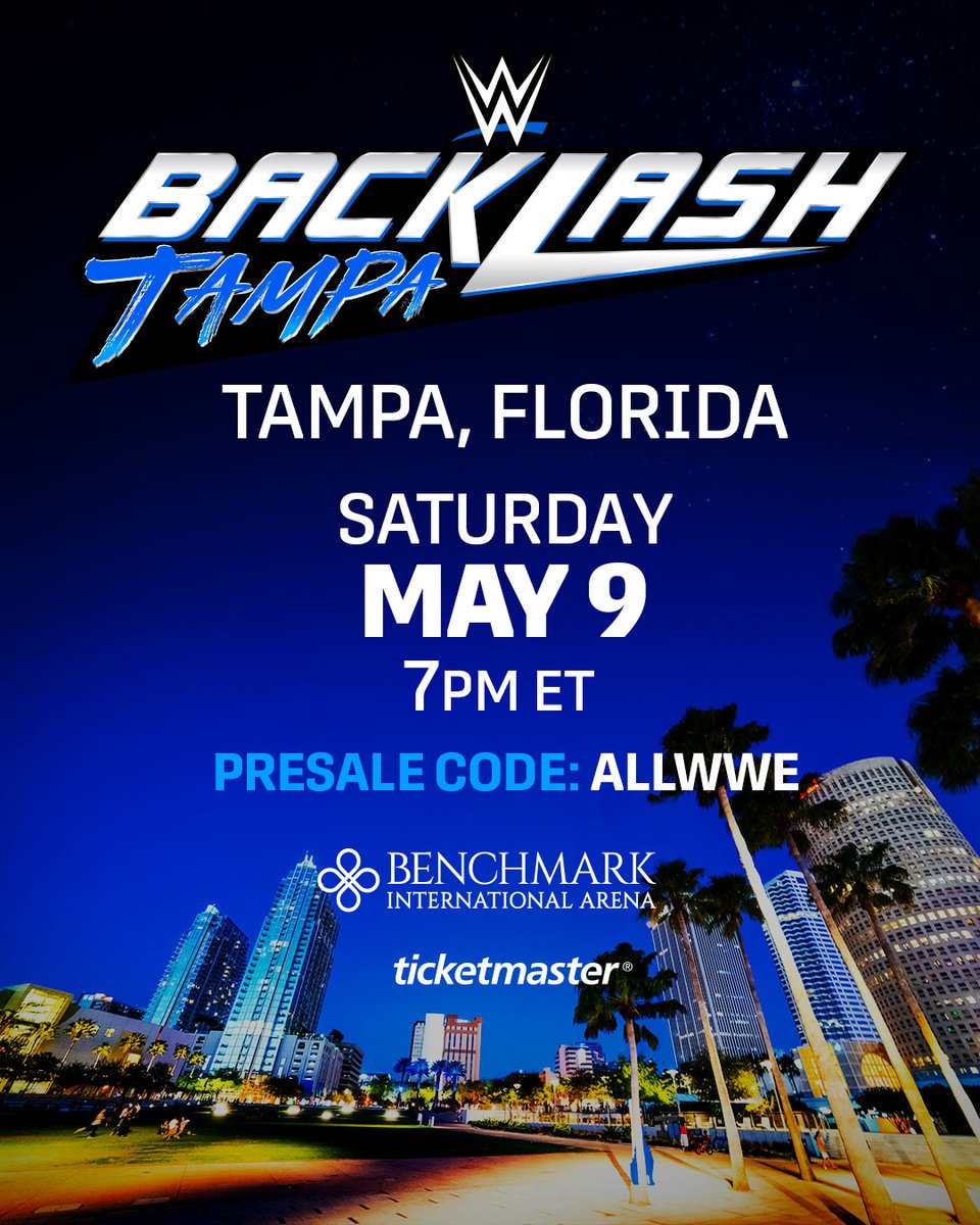 WWE's tweet photo. Tampa, are you ready?! Tickets for #WWEBacklash are on sale now with presale code: ALLWWE

🎟️: https://t.co/Bw5xBlzFNK https://t.co/R2CiRBLH1j