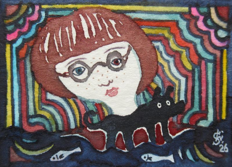 今日描いた絵『海犬私』水彩紙、透明水彩、2026.2.19