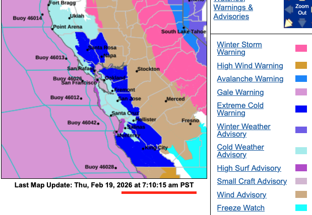 N. Ops🔥: Extreme Cold Warning 1 am to 9 am Fri.  Then Sun-Mon a warm-moist system with "potential atmospheric river" conditions.  NWS monitoring a third period potentially mid/late next week.   #cawx
