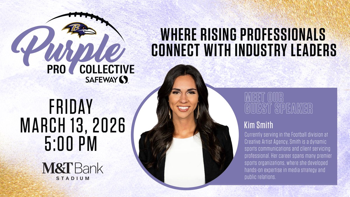 .<a href="/Kim_ASmith/">Kim Smith</a> of <a href="/CAA_Football/">CAA Football</a> headlines our Purple Pro Collective event! 

Female students are invited for a night of networking, resume reviewing and learning about careers in sports!

🎟: baltimoreravens.com/fans/purple/pu…