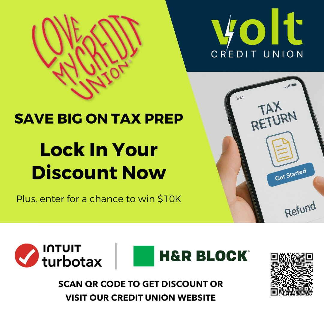 Tax season just got easier for Volt members 💸
File fast. Save big. Win big.
Log in or sign up today and lock in your TurboTax or H&amp;R Block discount right from your phone.
👉Visit our website for details.
#CreditUnionTaxSavings #CreditUnionPerks #VoltCU