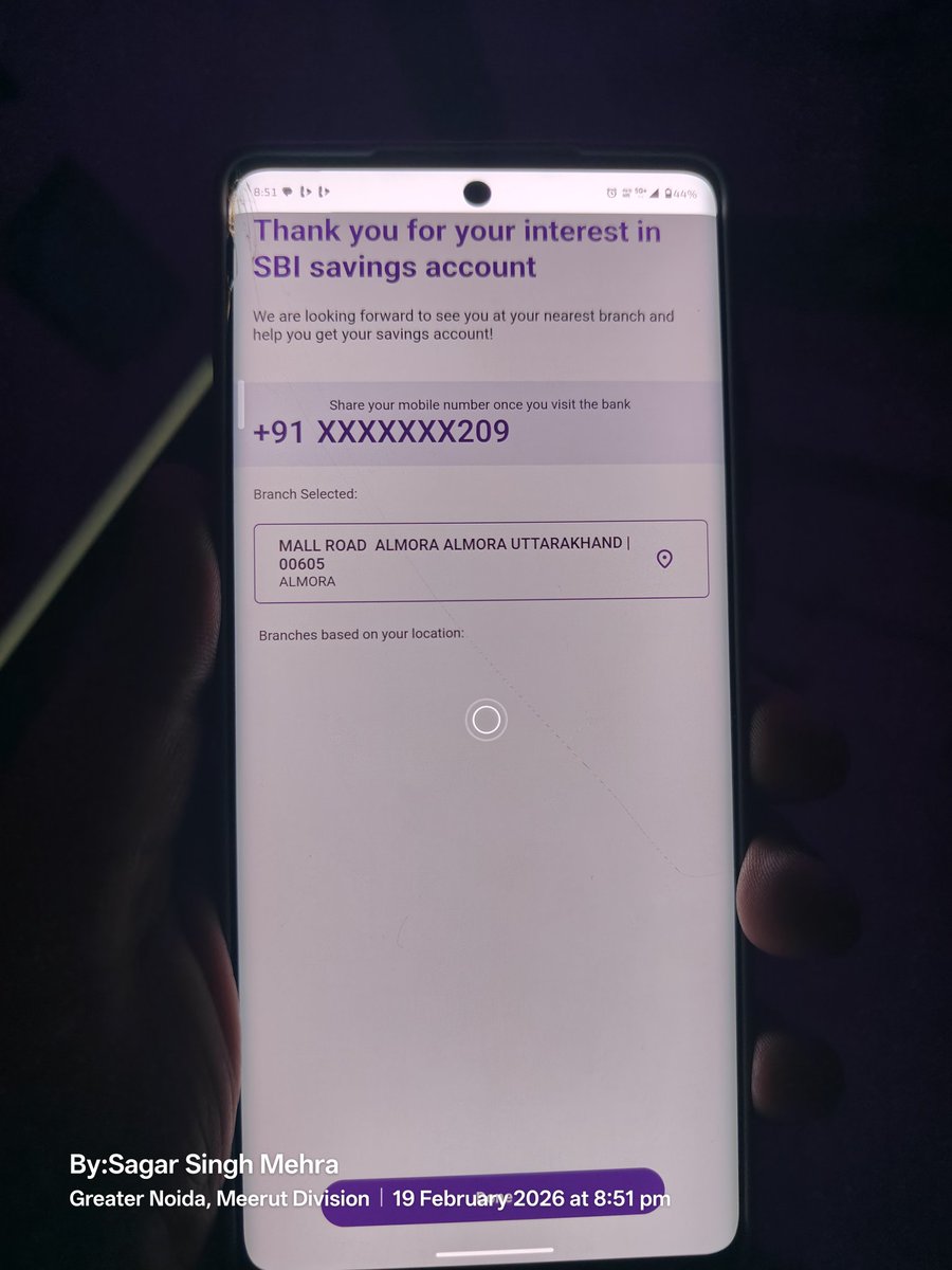 SagarUk01's tweet photo. @TheOfficialSBI @SBICustomerCare
Trying to apply for a savings account via YONO.The app has been stuck on “Searching nearest branch” for the last 30 minutes. Location access is already enabled, still not working.This is very frustrating. Please fix this issue ASAP. #SBYONO #SBI https://t.co/kMvyg97CBC
