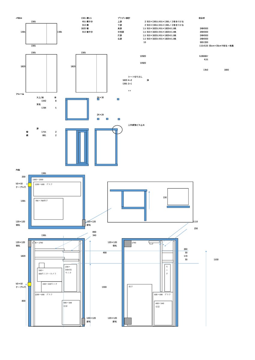 防音室の話題に乗ってみる🌻
木材でフレーム作ってプラダンシート＋遮音シート＋吸音材のパネルを作ってビス止めした簡易防音室です 
-30DBくらいの性能あるので十分な気がしてるぽ！
作る人は事前に寸法を検討しよう✏
CADもってないからNTSだけどメモ書きも添付します！