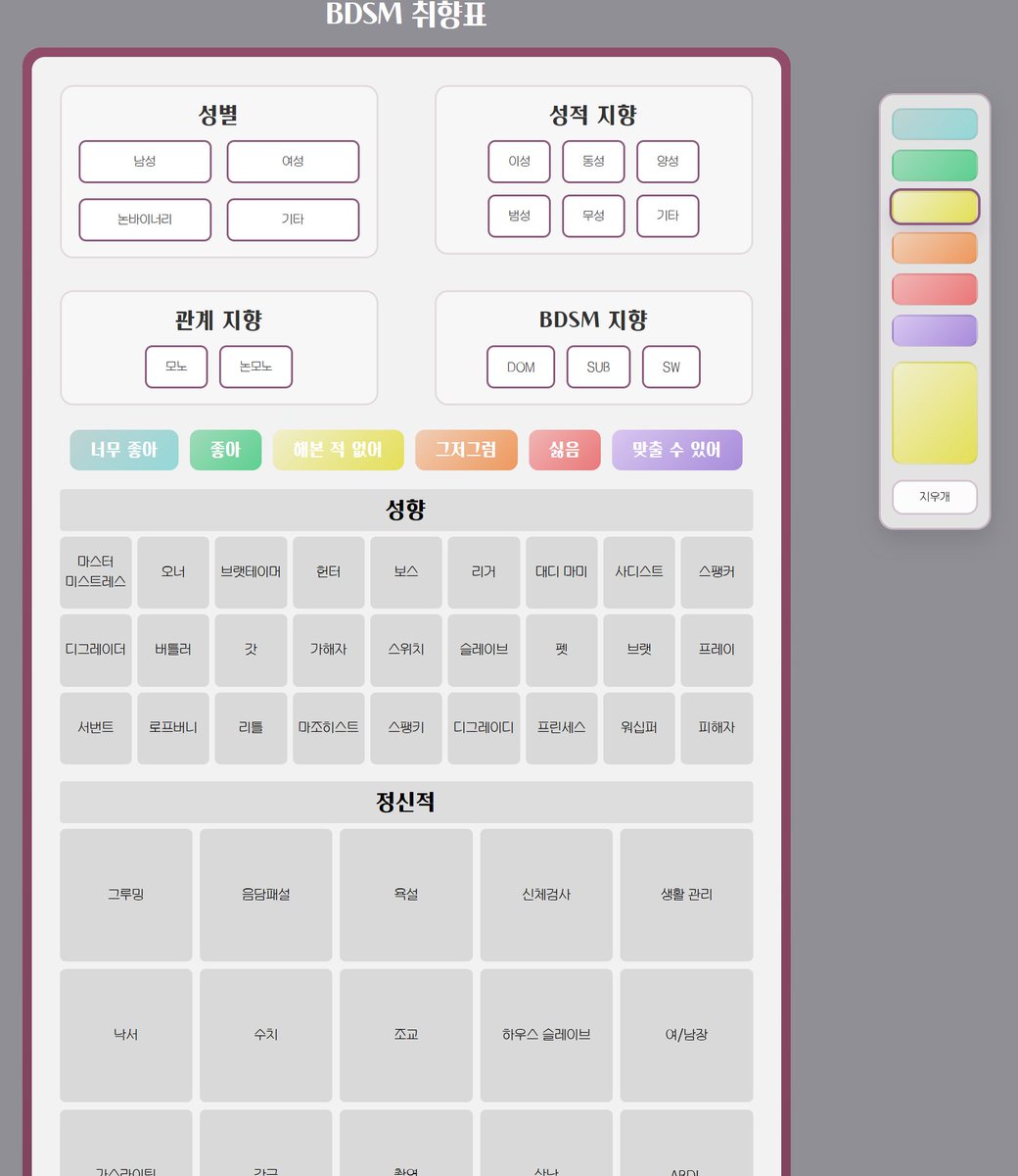 cheolsu_slave's tweet photo. 패치노트 들고 왓어요
취향표가 생겻고요

모바일은 아직 반응형을 안 만들어서 
PC로만 하세요 꼭이요.
이상 4시간 컷 한 철수엿습니다.
캡쳐기능이랑 모바일 반응형은
저 내일 오티 갔다와서 할게욥... https://t.co/I6GK80TkTW