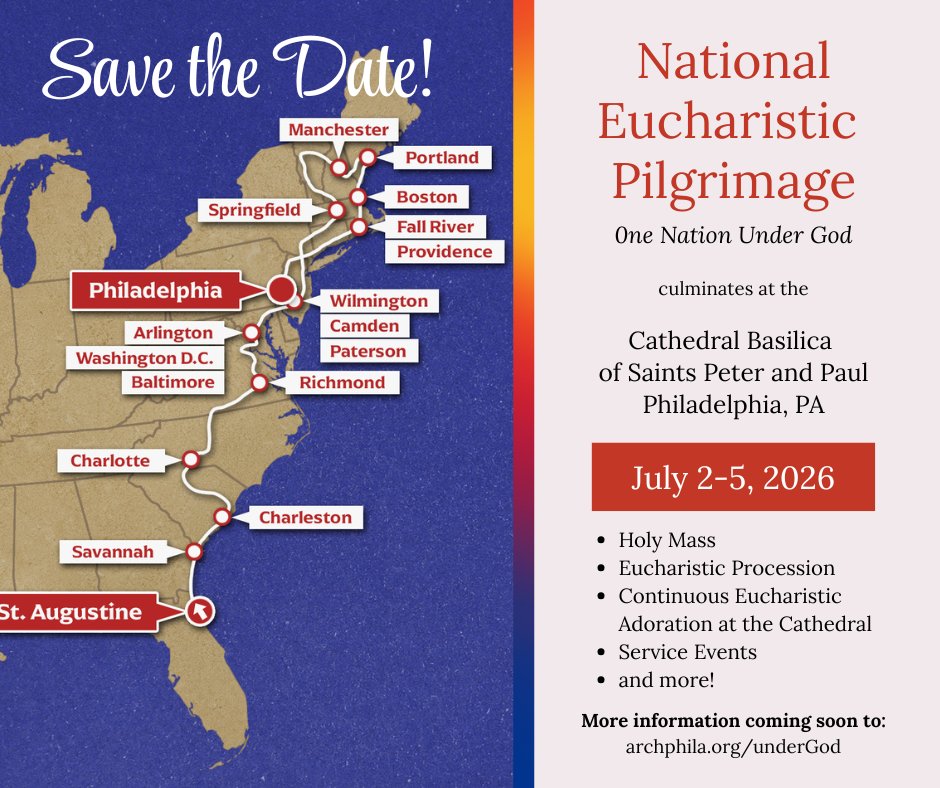 PhillyOCF's tweet photo. Save the Date!⁣
We are excited to invite you to be part of the National Eucharistic Pilgrimage — a powerful journey of faith, unity, and renewal centered on the Real Presence of Christ in the Eucharist.⁣
“Stay with us, Lord.” (Luke 24:29)⁣
https://t.co/cFa8oPf4Vu https://t.co/SFh9OHAv0g