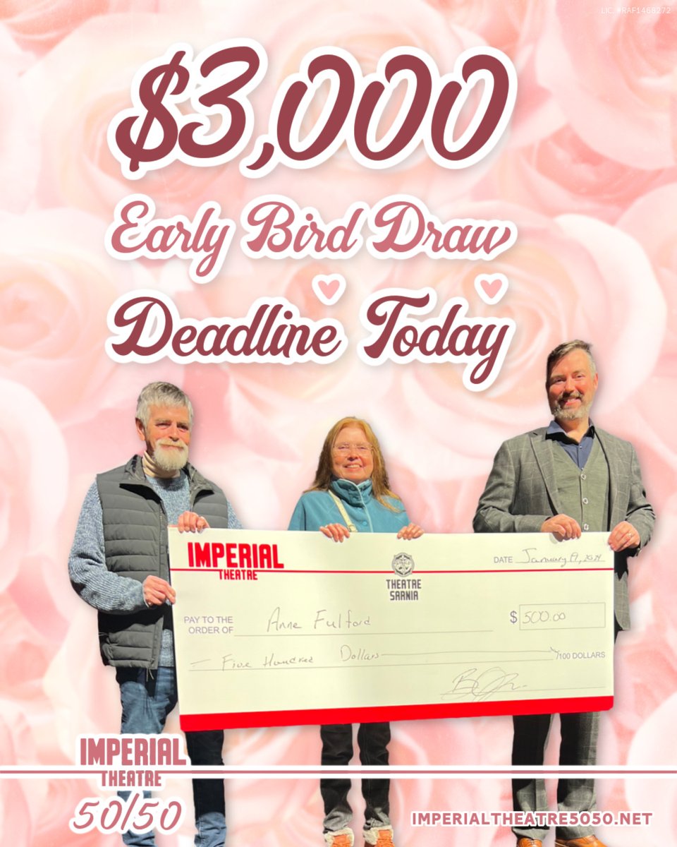 ⏰  $3,000 Early Bird  Deadline: TONIGHT at 11:59 PM💥

February is building toward what could be our biggest single-month draw ever. Don’t sit this one out.

Get your tickets now: imperialtheatre5050.net

Lottery Licence #RAF1468272