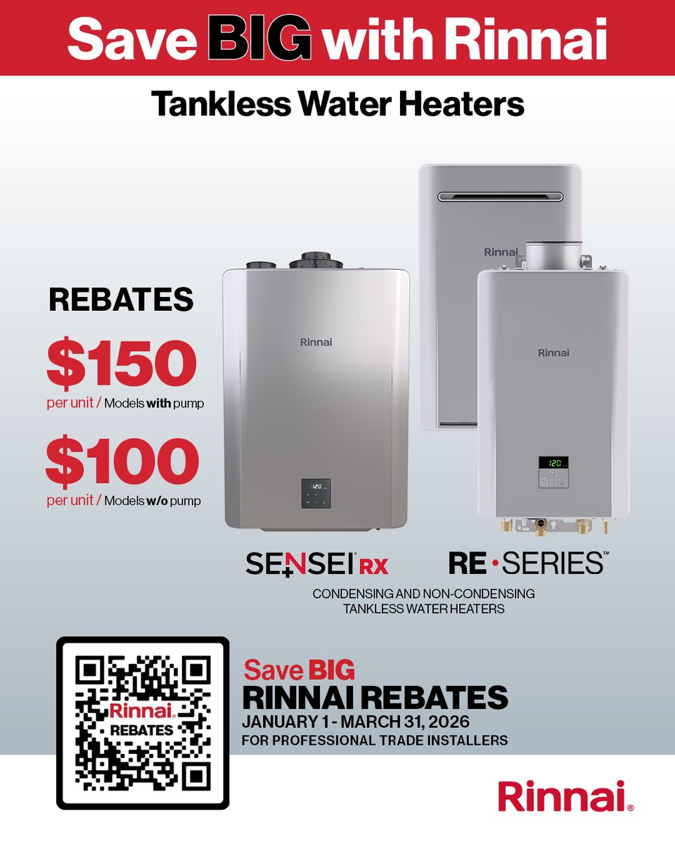 Rinnai's tweet photo. Save Big with Tankless Water Heater Rebates at Rinnai

Now until March 31, 2026...
👉 $150 for each RXP or REP unit (comes with a built-in recirculation pump)
👉 $100 for each RX or RE unit

Details: https://t.co/IW09ITh4pO
Only available in the US.

#Rinnai https://t.co/dgFtAFA6au