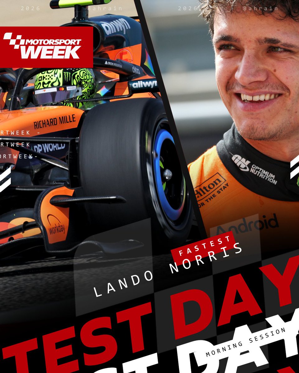 MotorsportWeek's tweet image. Lando Norris finished the morning session on the second day of the final Formula 1 pre-season test in Bahrain on top of the time tables.

Read more on our website.

#F1 #Norris