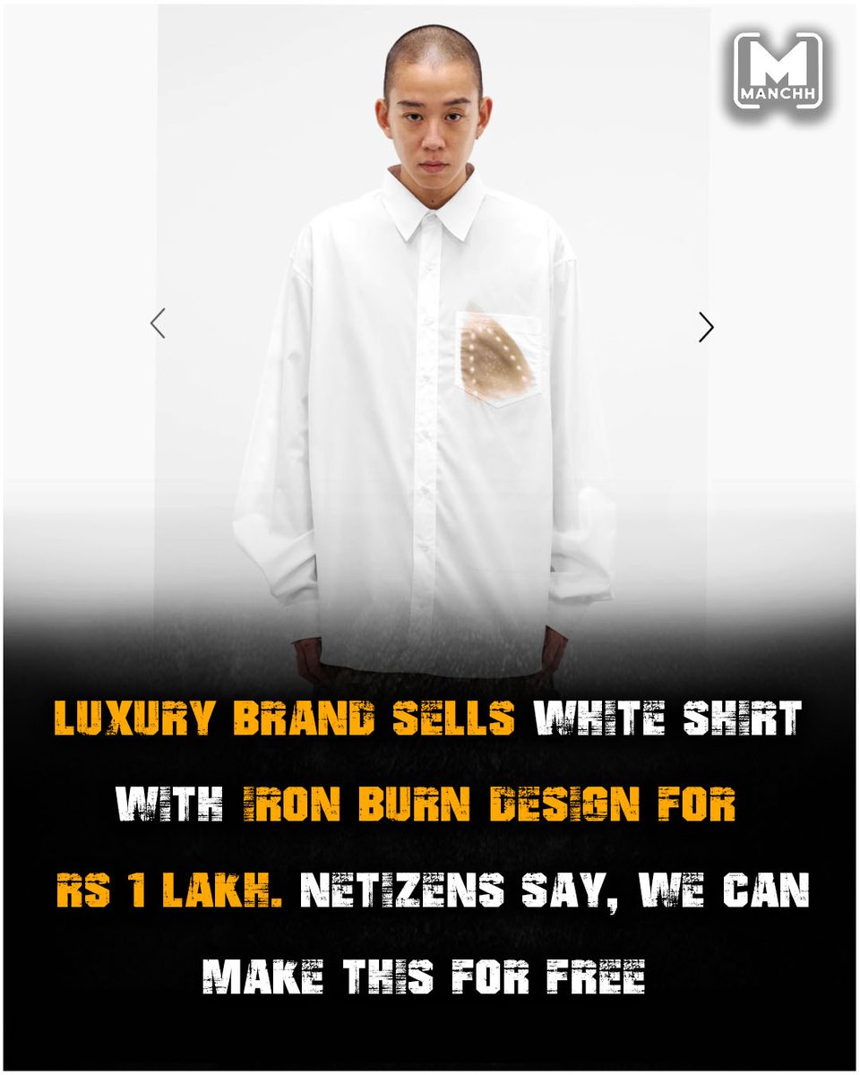 Manchh_Official's tweet image. White oversized shirt features a printed iron burn mark near the pocket and is priced at $1,139, roughly Rs 1 lakh. The unusual design quickly gained attention online, with users questioning concept and high cost #whiteshirt #luxurybrand #brandedclothes #ironburn #design #fashion