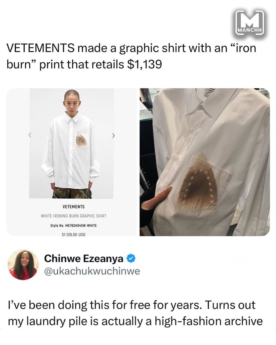 Manchh_Official's tweet image. White oversized shirt features a printed iron burn mark near the pocket and is priced at $1,139, roughly Rs 1 lakh. The unusual design quickly gained attention online, with users questioning concept and high cost #whiteshirt #luxurybrand #brandedclothes #ironburn #design #fashion