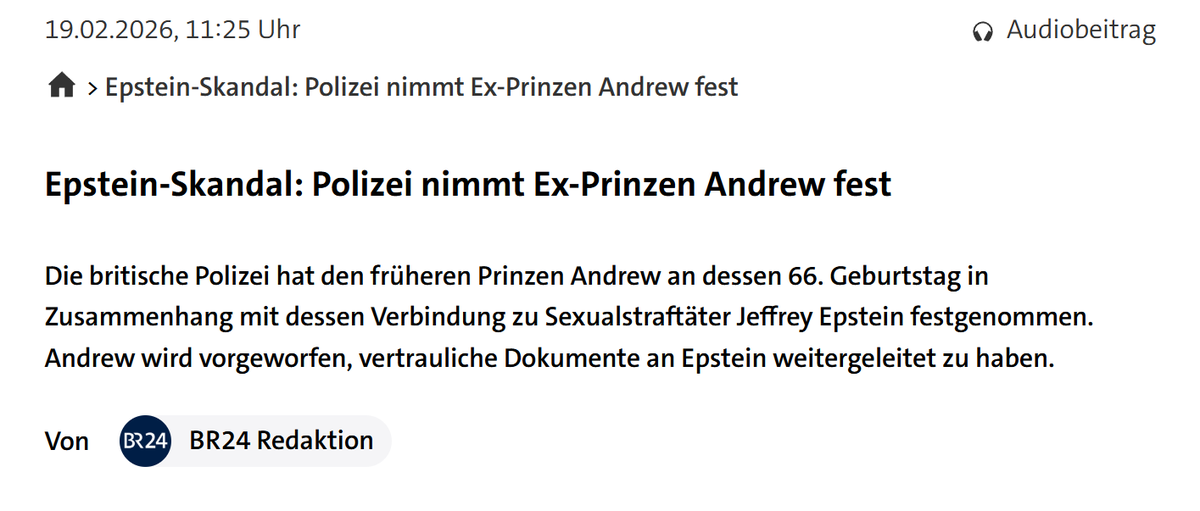 #Epstein-Skandal: Polizei nimmt Ex-Prinzen Andrew fest

#KiFi 
#KiFrä