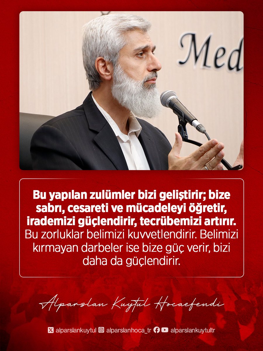 Bu yapılan zulümler bizi geliştirir; bize sabrı, cesareti ve mücadeleyi öğretir, irademizi güçlendirir, tecrübemizi artırır. Bu zorluklar belimizi kuvvetlendirir. Belimizi kırmayan darbeler ise bize güç verir, bizi daha da güçlendirir.

BatmanEmniyetinden Tehdit
#BatmanEmniyeti