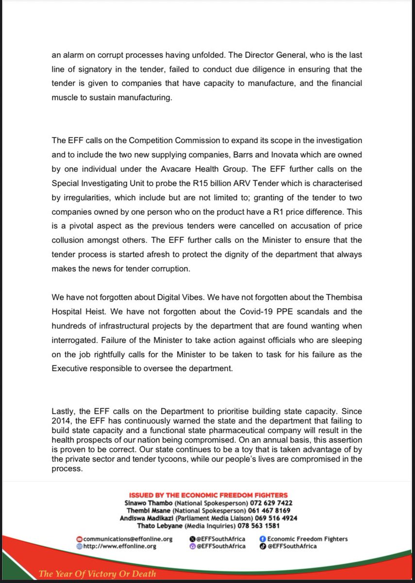 The EFF’s Statement Calling on SIU and Competition Commission to Investigate the National Department of Health R15 Billion ARV Tender

-In the previous process that resulted in contracts being halted with companies like Hetero, Treasury intervention included probes on the