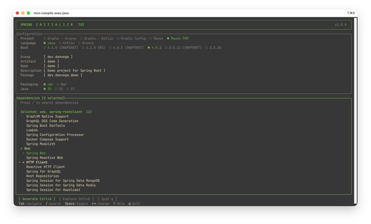 therealdanvega's tweet photo. TUIs are all the rage these days. Yesterday a new framework called TamboUI was announced. This is an open-source Terminal UI framework for the Java ecosystem! So naturally I built a Spring Initializr using it and it works great! https://t.co/4zXzAs0Jiz