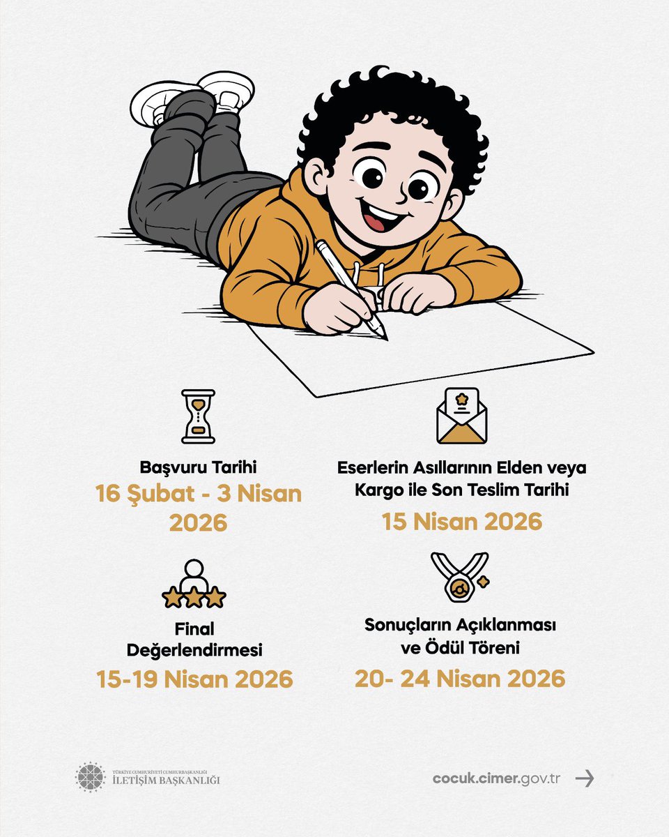 CİMER'e Renk Kat! Ödüllü Resim Yarışması Başvuruları Başladı!

Sevgili çocuklar:  

Cumhurbaşkanlığı İletişim Başkanlığımız tarafından "CİMER Seninle Renkleniyor!" temasıyla düzenlenen ödüllü resim yarışması kapsamında kendi renklerinizle ve çizgilerinizle CİMER'i resmedip,