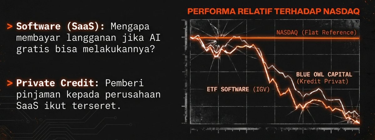 🚨 Krisis Ekonomi Disebabkan AI?

Menurut Arthur Hayes, kejatuhan harga Bitcoin dari $126K ke $60K menjadi sinyal ekonomi global tidak beres:

1. Sinyal Kehancuran

Nasdaq (kuning) vs Bitcoin (putih)

Biasanya, Bitcoin bergerak seirama dengan Nasdaq. Tapi sejak Oktober 2025,