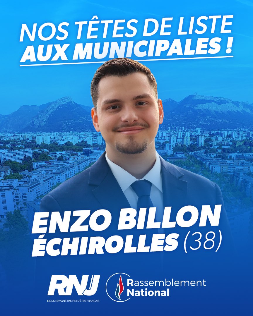 🔵 À #Échirolles, <a href="/enzobillon_/">Enzo BILLON</a>, délégué départemental du RNJ Isère est notre candidat aux élections municipales des 15 et 22 mars ! 

🇫🇷 Soutenez nos candidats : …icipales2026.rassemblementnational.fr