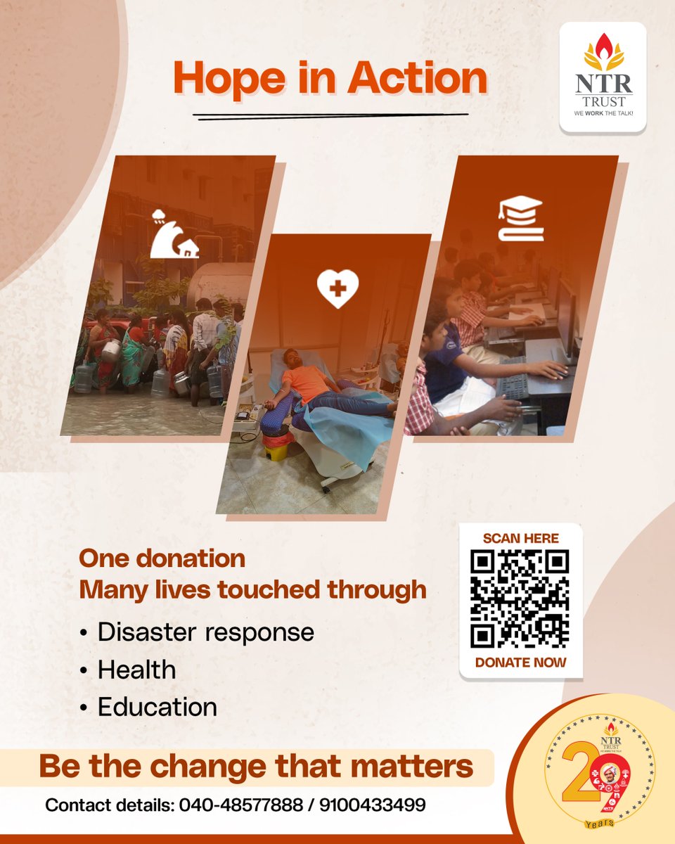 ntrtrust's tweet photo. One donation. Many lives touched. 💛
Join NTR Trust in our mission to provide health, education, and relief to those who need it most.
Scan to contribute today. "We work the talk."
#NTRTrust #29YearsOfService https://t.co/bY8lfY0gT2