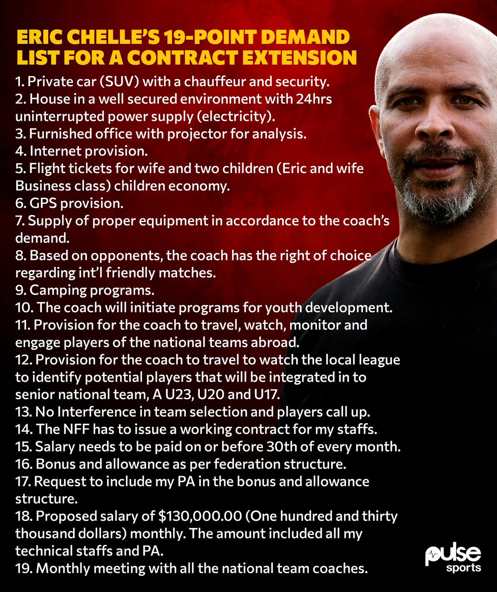 🚨 According to reports shared by Shina Oludare, Eric Chelle has submitted 19 conditions to the NFF for a contract extension — covering salary, authority, logistics, and team structure.

Do you think these demands are justified for a national team coach, or too much? 🤔🇳🇬