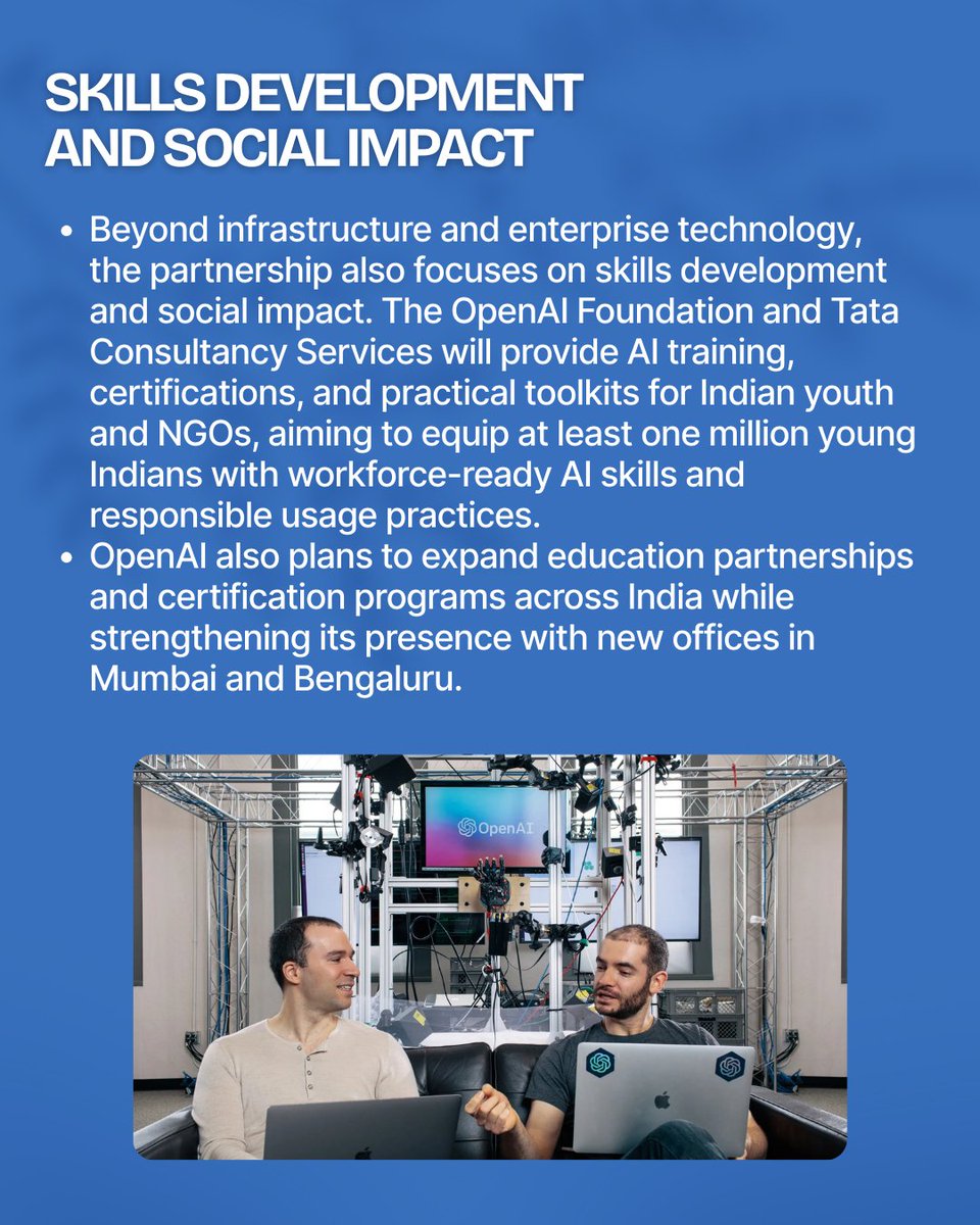 India’s AI leap forward 🇮🇳

Tata Group, Tata Consultancy Services &amp; OpenAI partner to scale AI infrastructure (100MW → 1GW), drive enterprise transformation, and upskill 1M youth.
India is stepping up as a global AI force.

#AI #DigitalTransformation #AIinIndia #Innovation