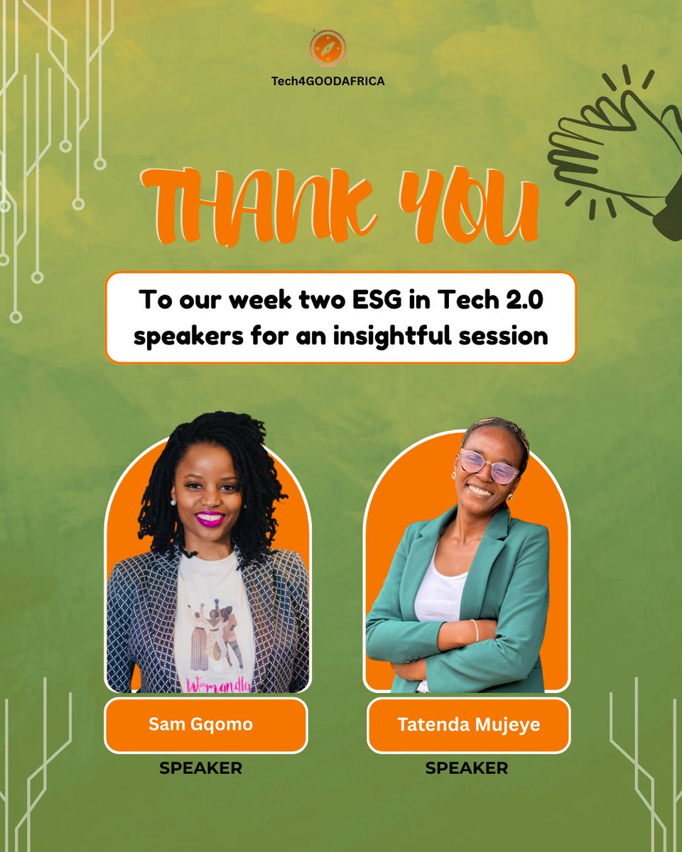 Tech4GoodAFRICA's tweet image. A big thank you to our Week Two ESG in Tech 2.0 speakers, Sam Gqomo and Tatenda Mujeye, for such an insightful and inspiring session!

Your impact and expertise are helping shape sustainable tech solutions across Africa. We appreciate you! 🙌

#Tech4GoodAfrica #ESGinTech